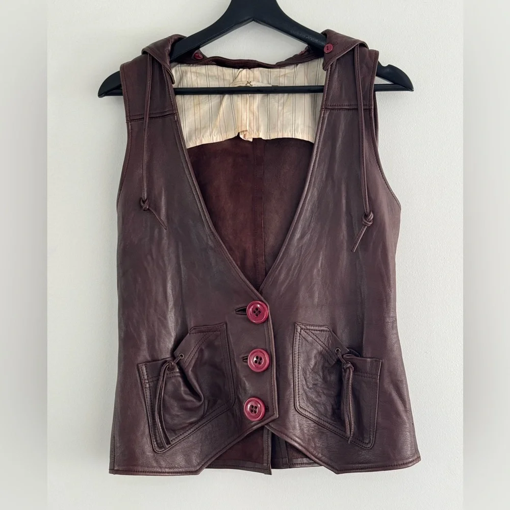 Women's Brown Leather Vest with Hood - Picture 1 of 8